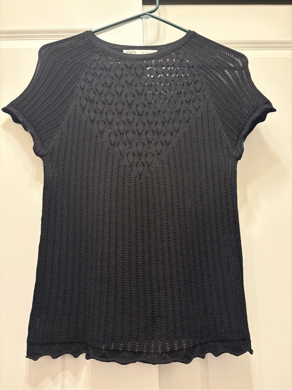 Short Sleeve Zara Pointelle Knit Top Black-large